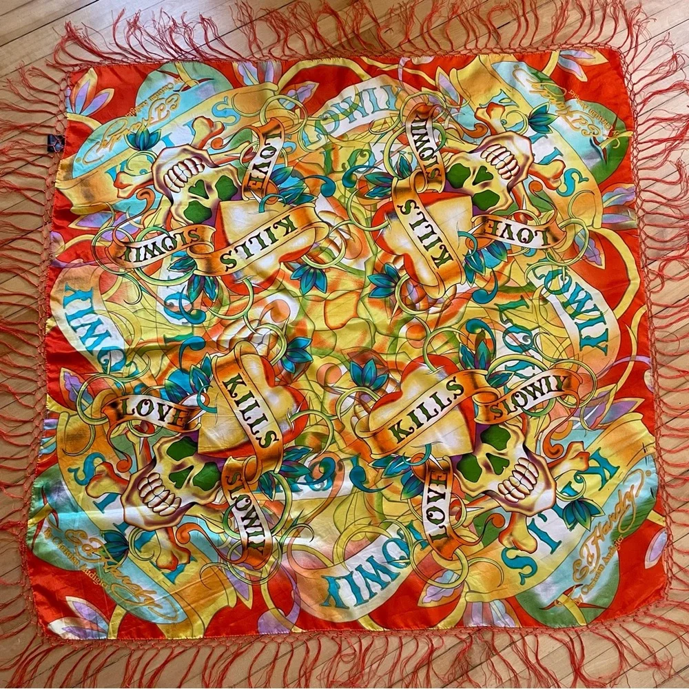 ED HARDY Vintage Y2K Graffiti Silk Scarf Large Square Fringe Love Kills Slowly